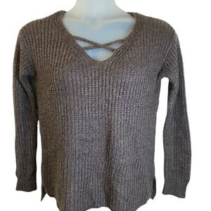 Pink Clover Soft Women's Brown Knit Sweater Small Criss Cross V Neck Ribbed